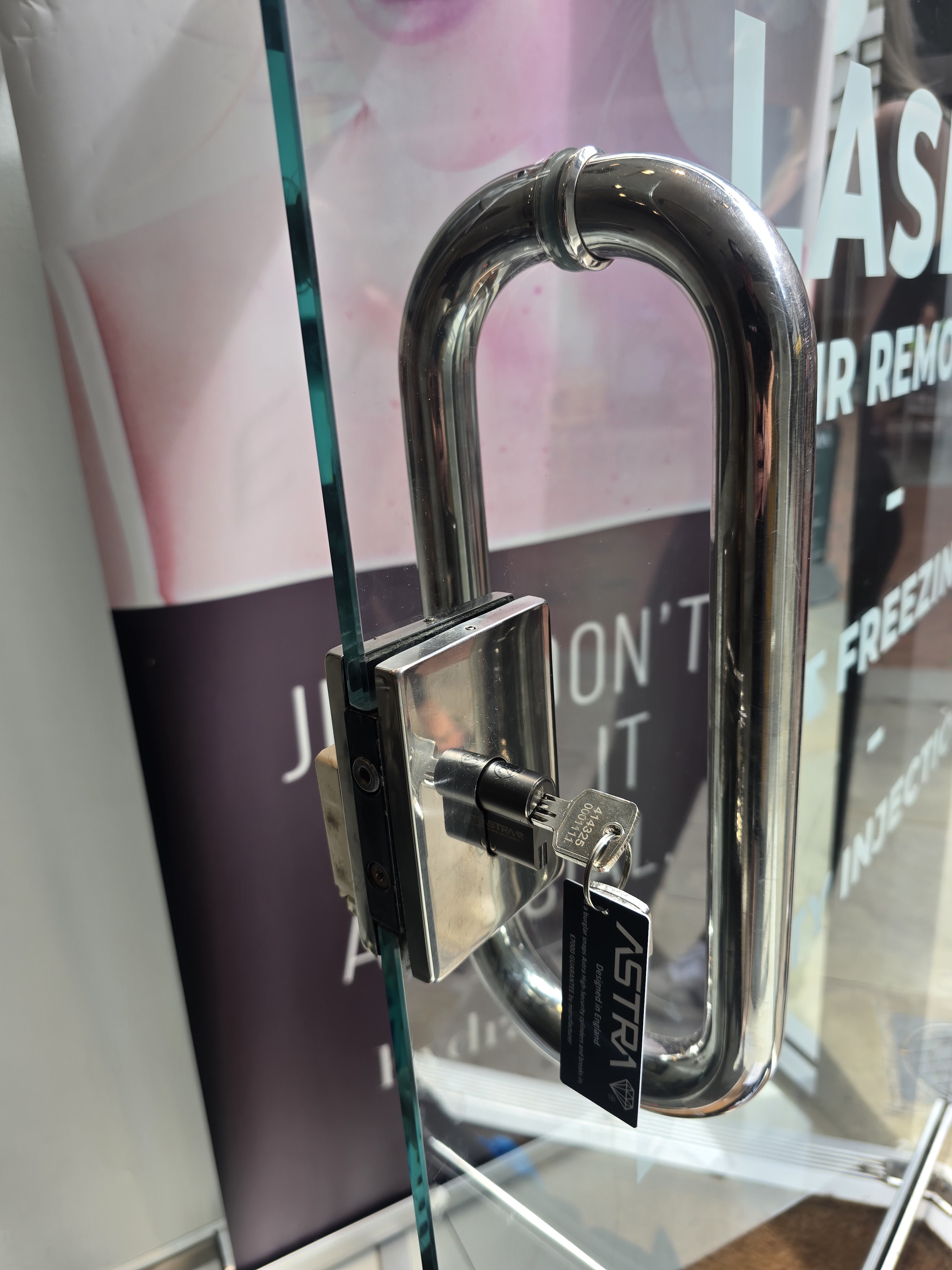 Salon glass door — Astra anti-snap cylinder upgrade — Hounslow TW3