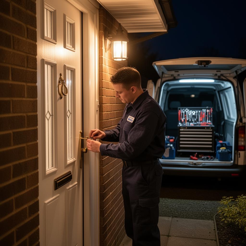 Emergency locksmith at a residential door at night