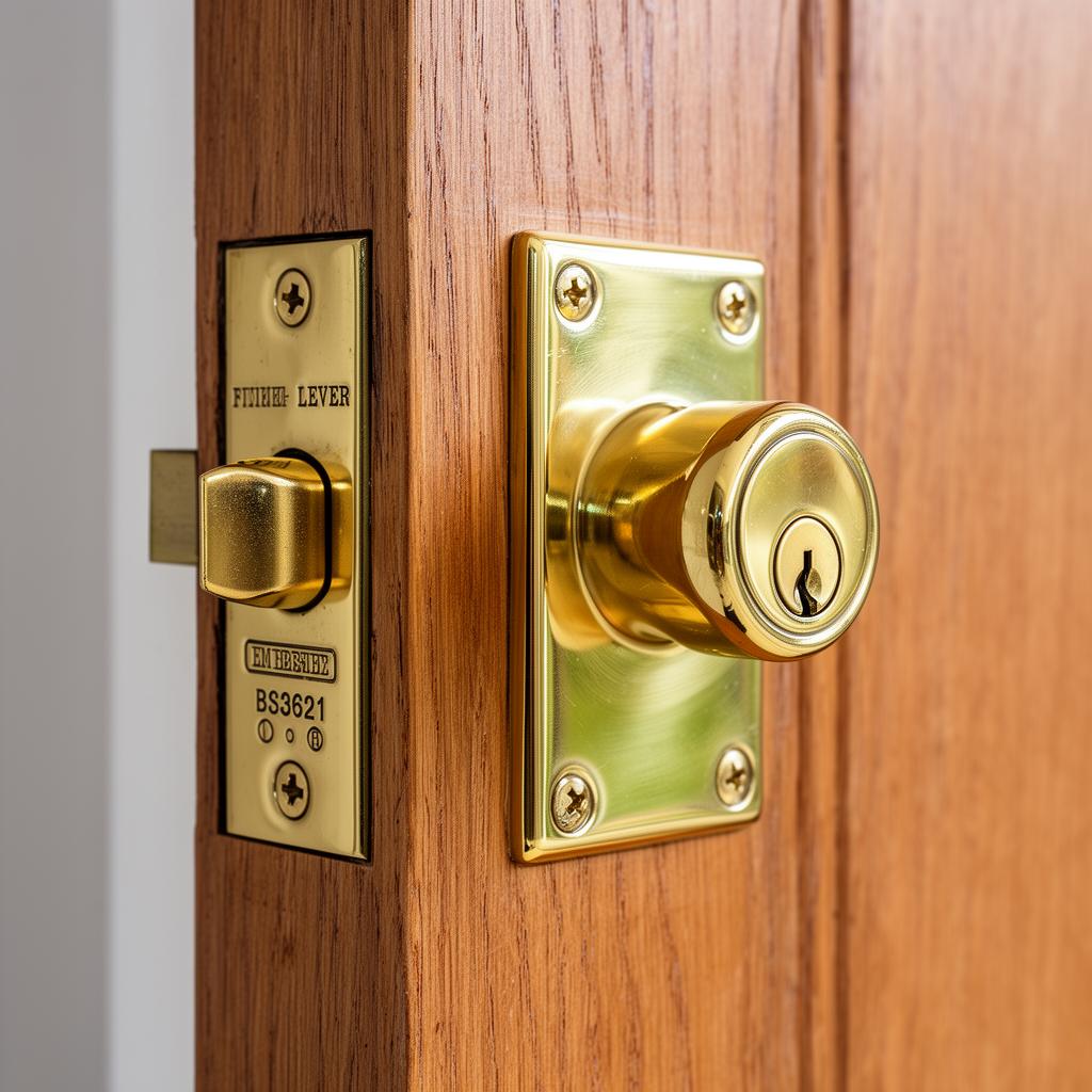 Brass BS3621 mortice deadlock on a wooden door